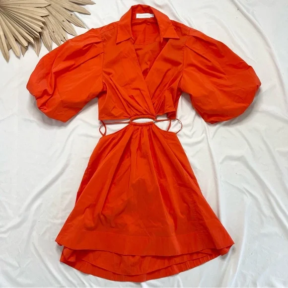 Jonathan Simkhai Aulora Orange Cutout Poplin Collared Mini Dress Size Medium - Picture 4 of 11